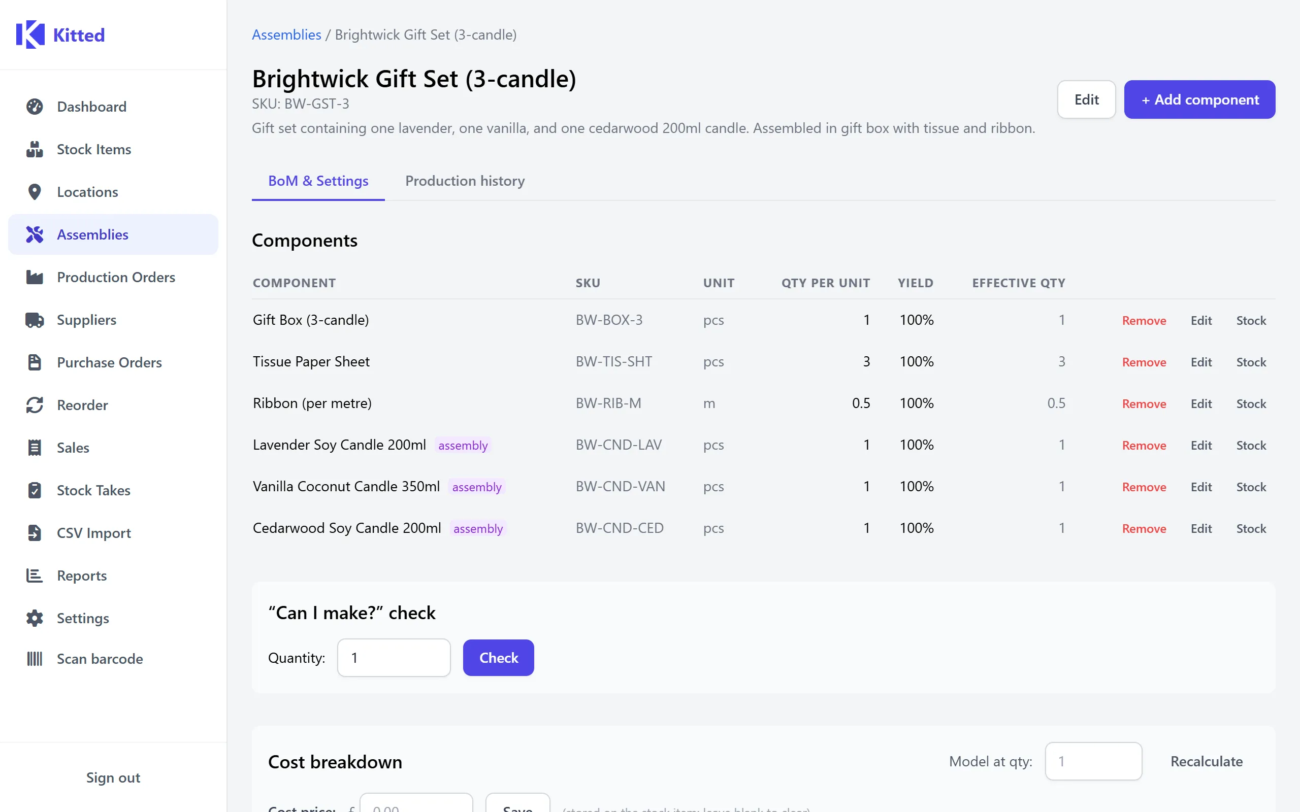 Bills of materials and stock availability