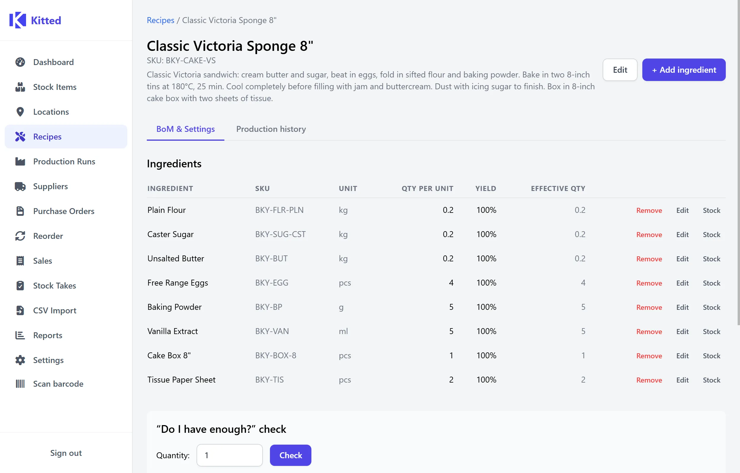 Recipe costing and availability
