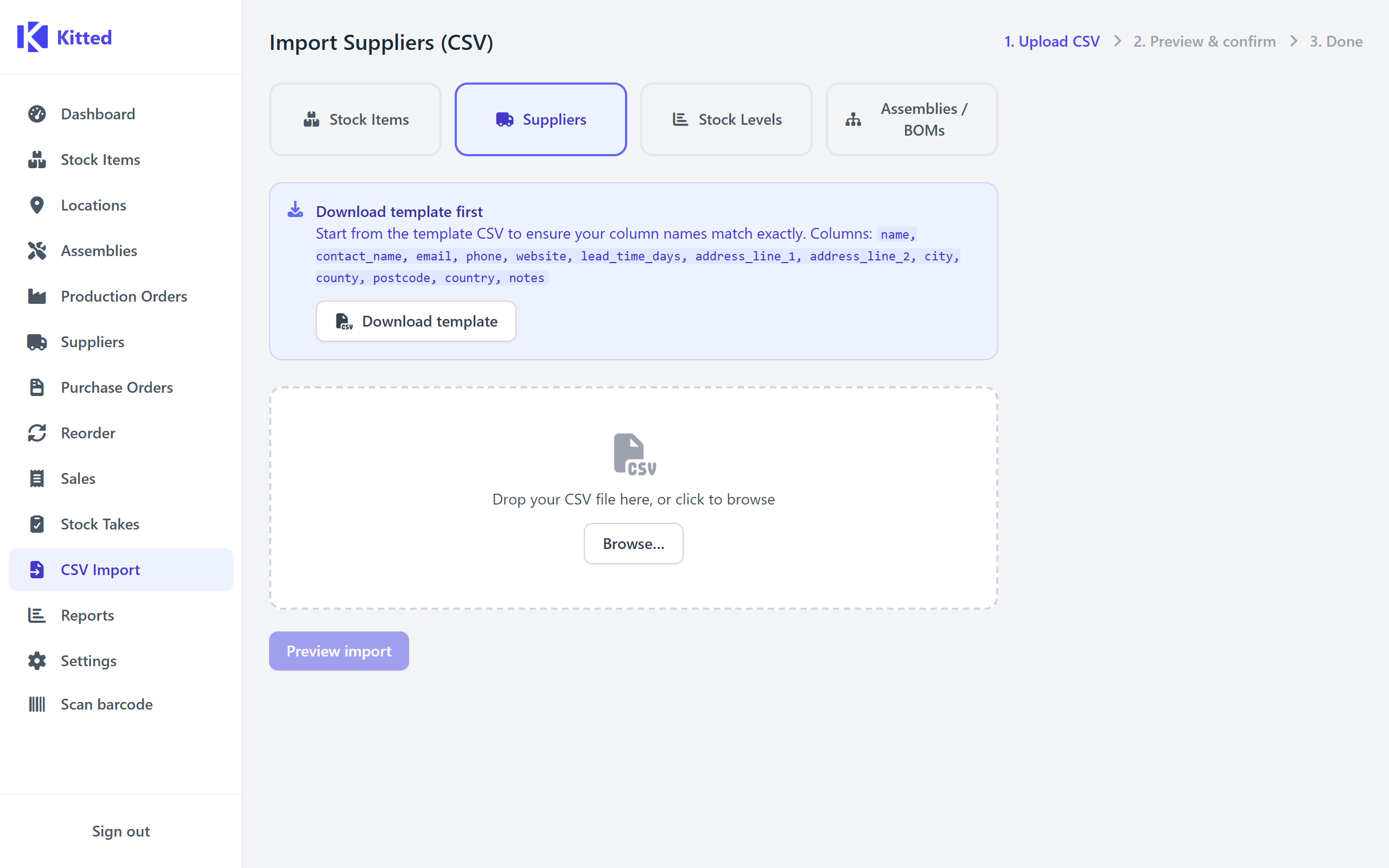 The CSV Import page showing type selection and file upload