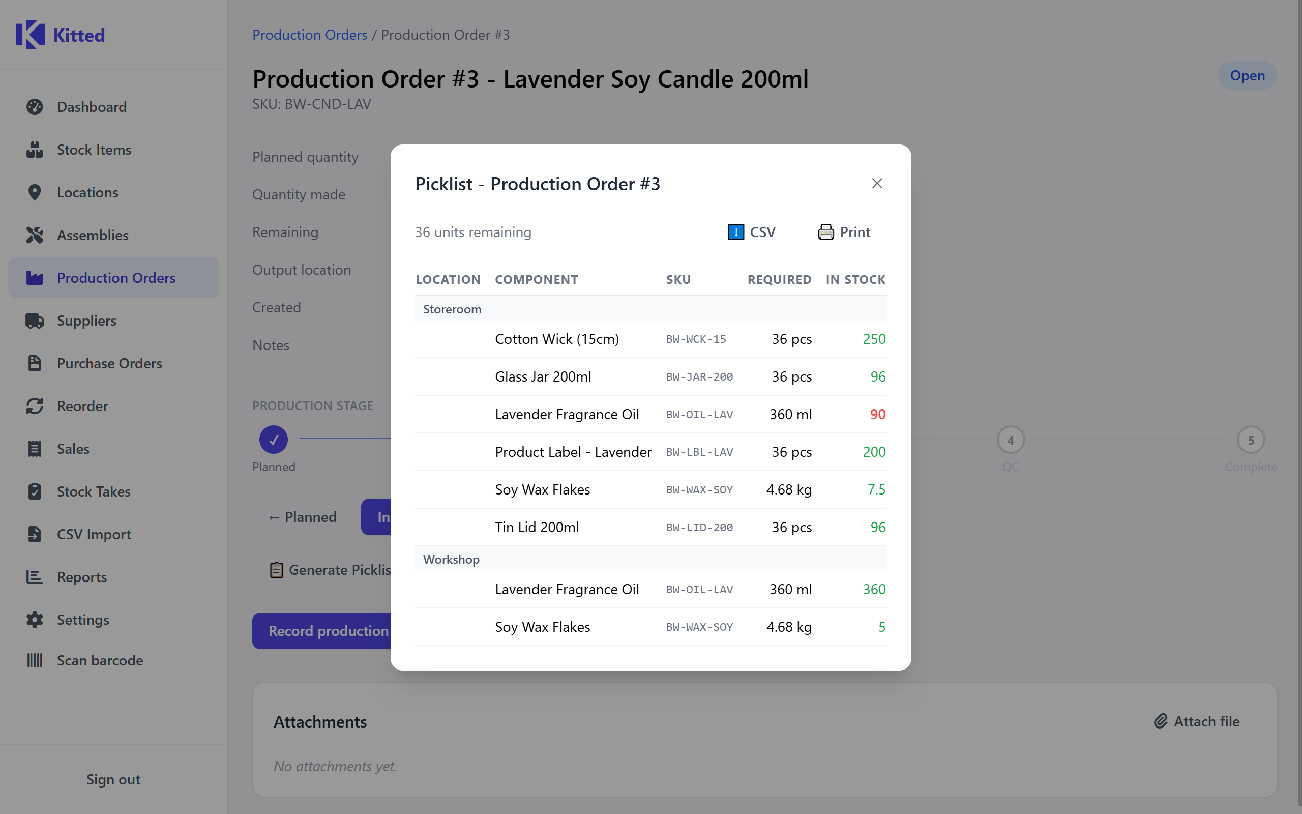 The picklist modal showing components grouped by location with stock levels