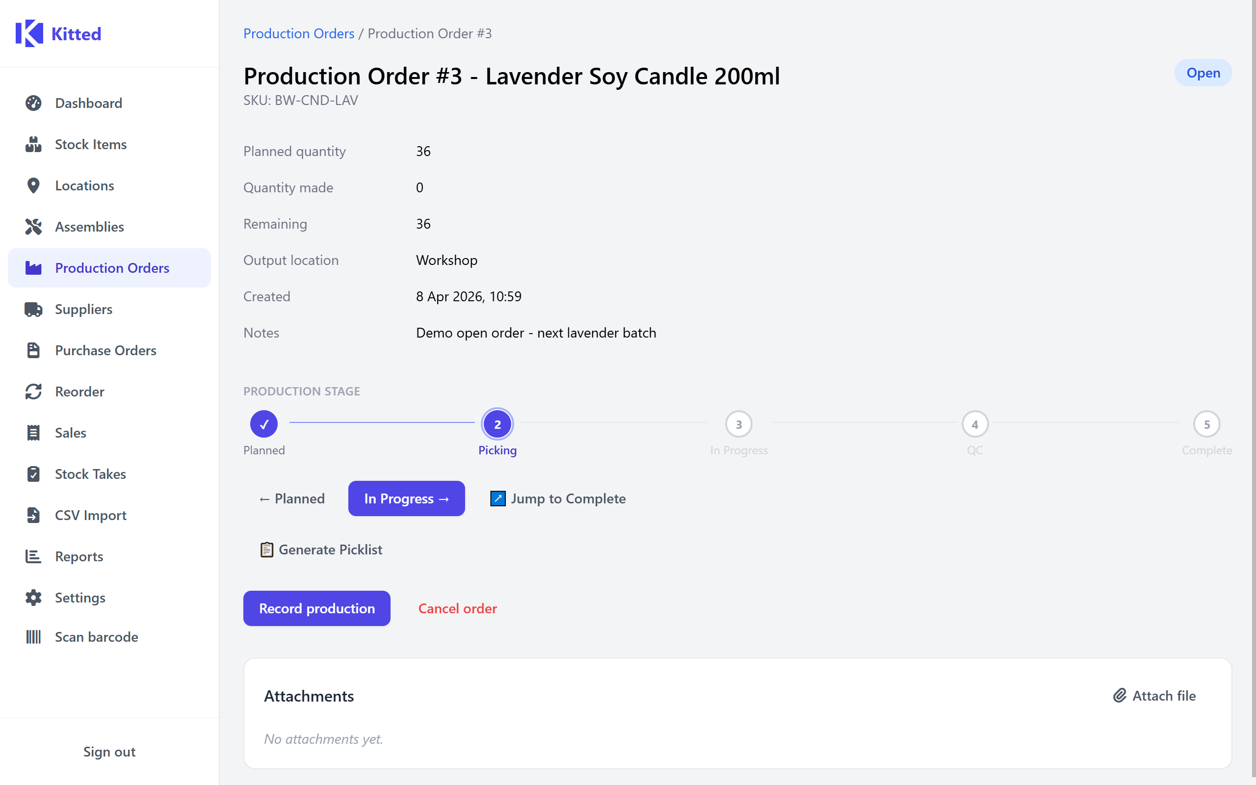Production order detail page showing the stage stepper pipeline