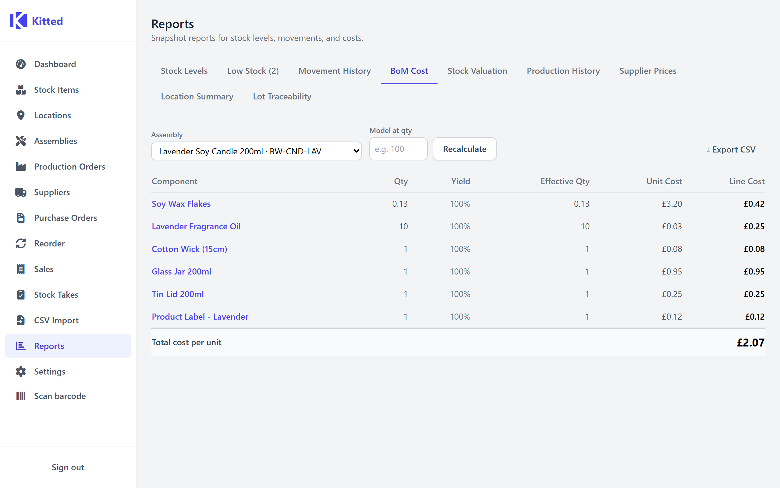 BoM cost report showing a per-component cost breakdown for an assembly