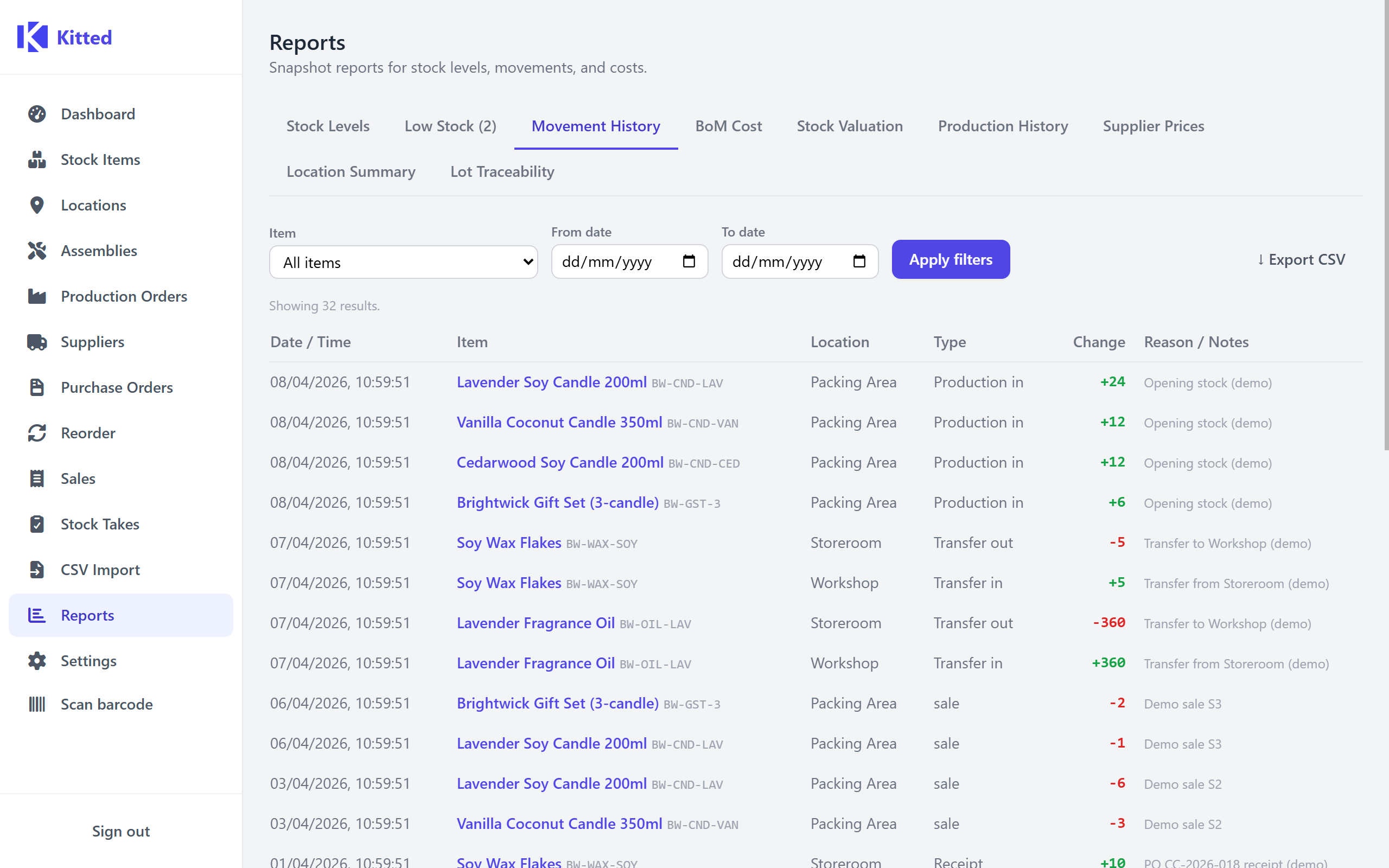Movement history report showing a reverse-chronological log of stock changes