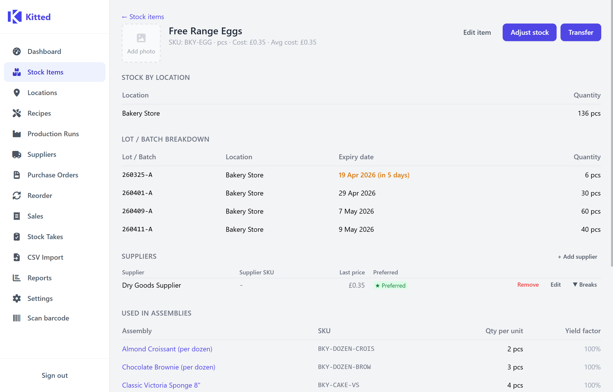 Stock item detail showing lot/batch breakdown per location with expiry dates