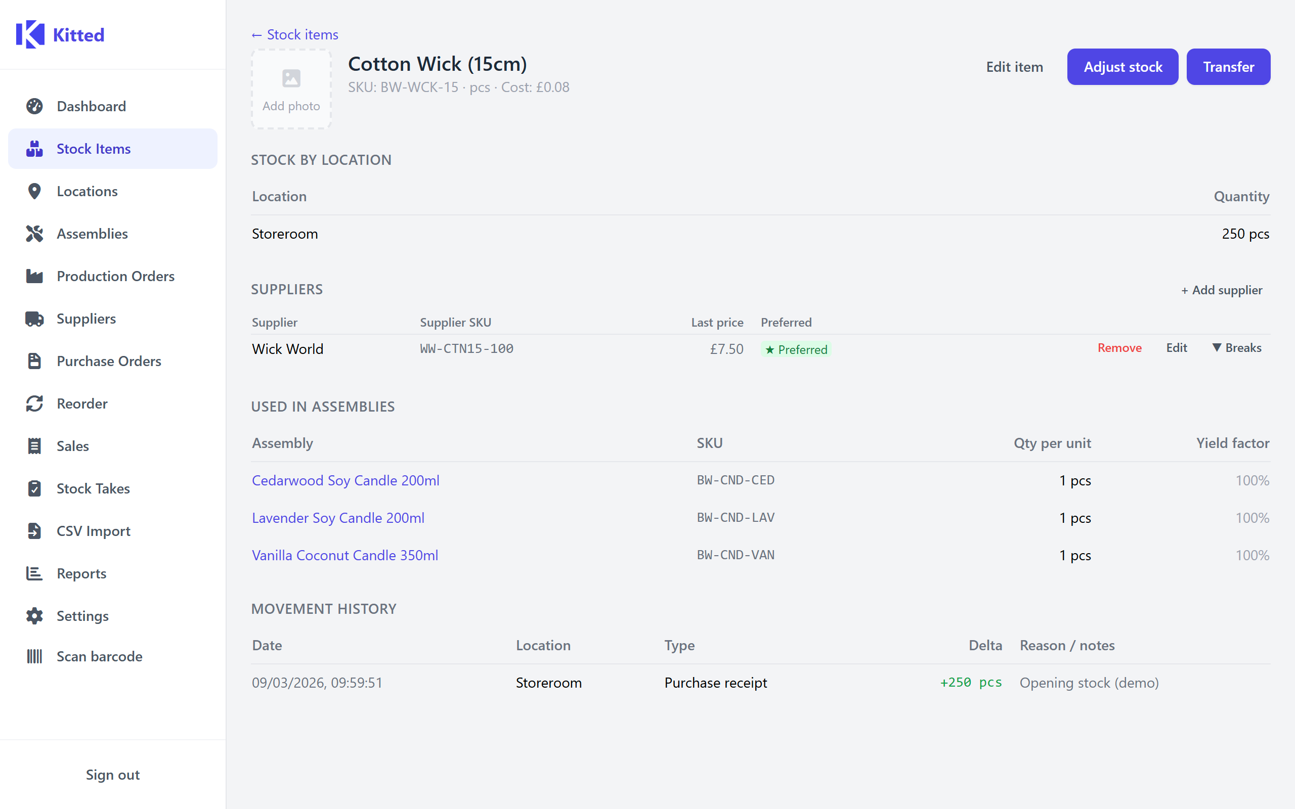 Stock item detail page showing stock levels, suppliers, and movement history