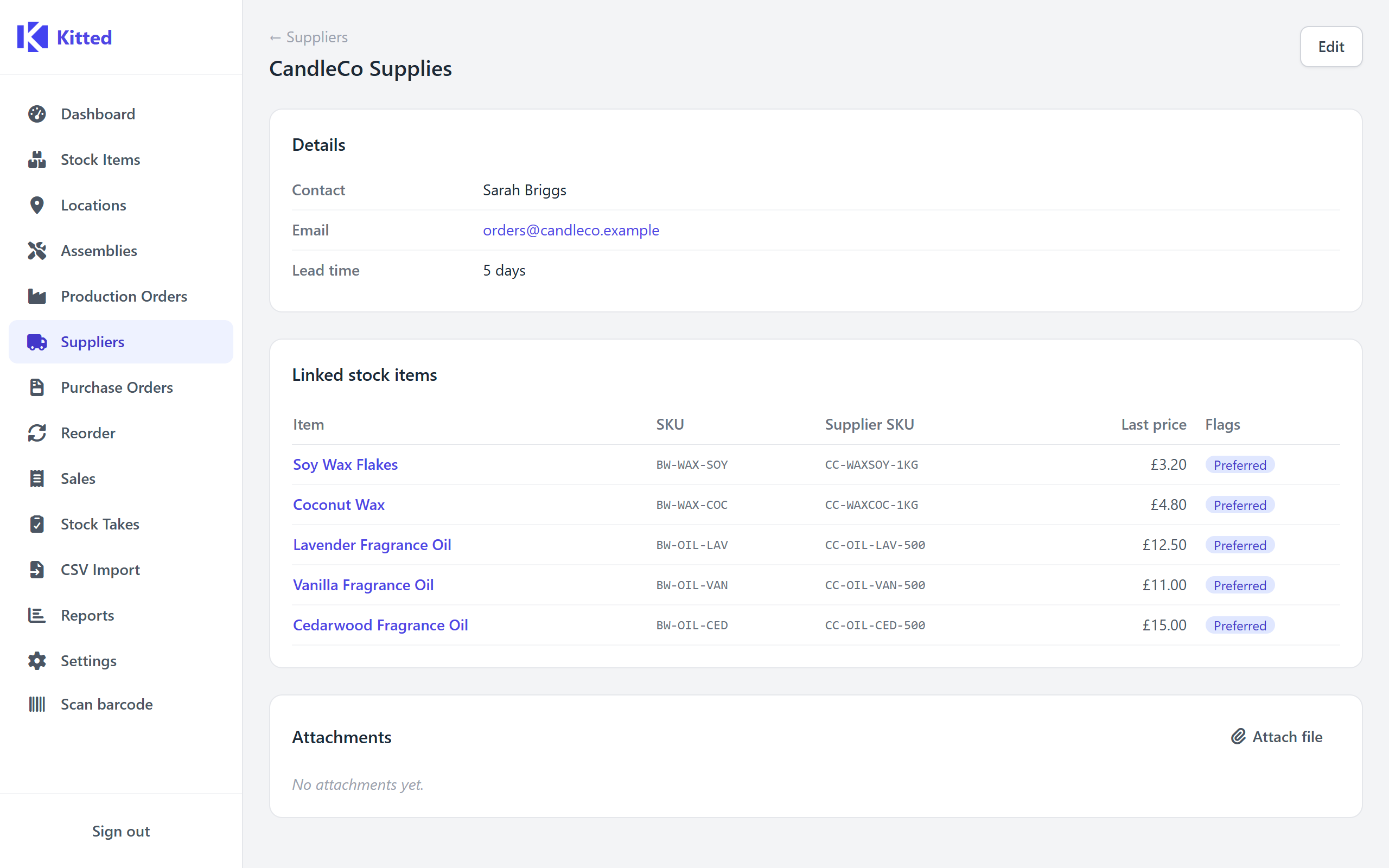 Supplier detail page showing linked stock items and contact details